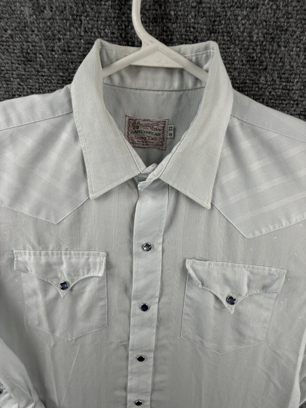 VTG H Bar C Pearl Snap Up 16 33 Striped USA Blue Long Sleeve Mens Shirt Western